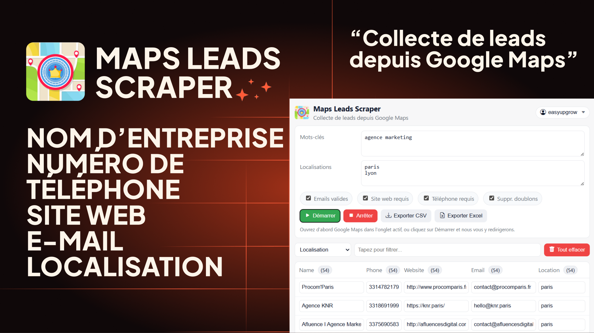 Aperçu de Maps Leads Scraper – extraction de leads depuis Google Maps